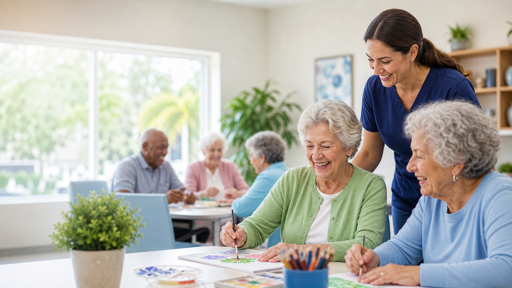 Older adults participating in group activities with a caregiver in a bright adult day care room
